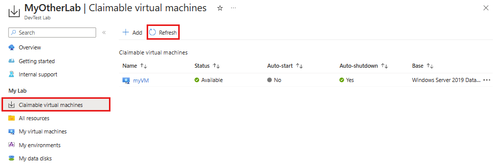 Screenshot of the lab Claimable virtual machines page.