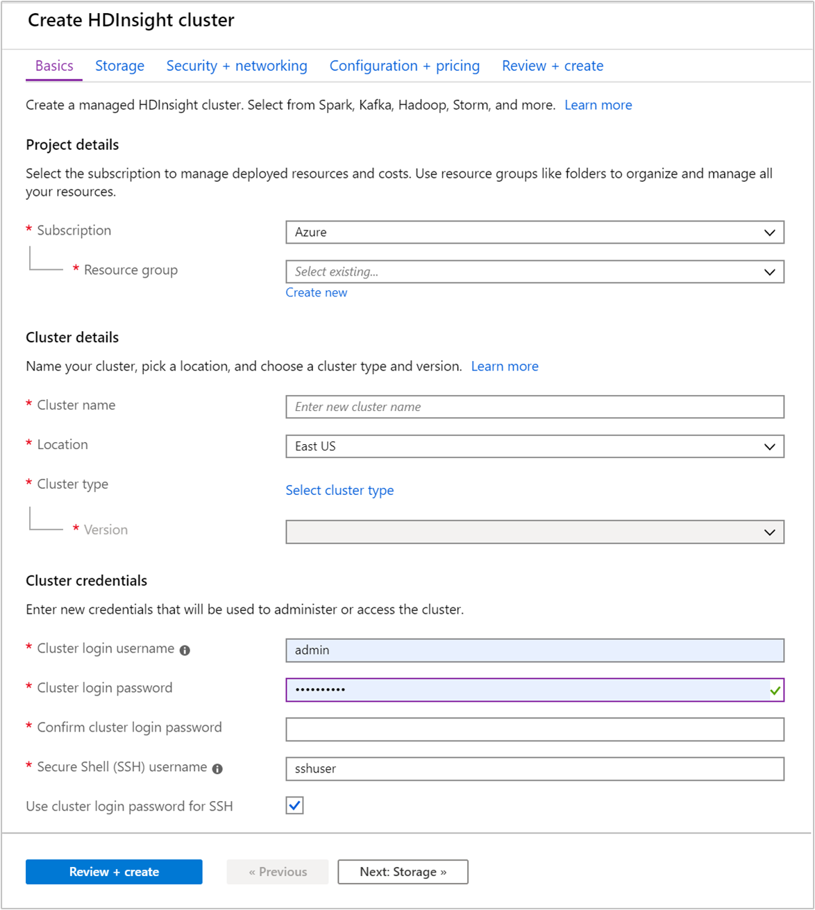 Azure portal create cluster basics.