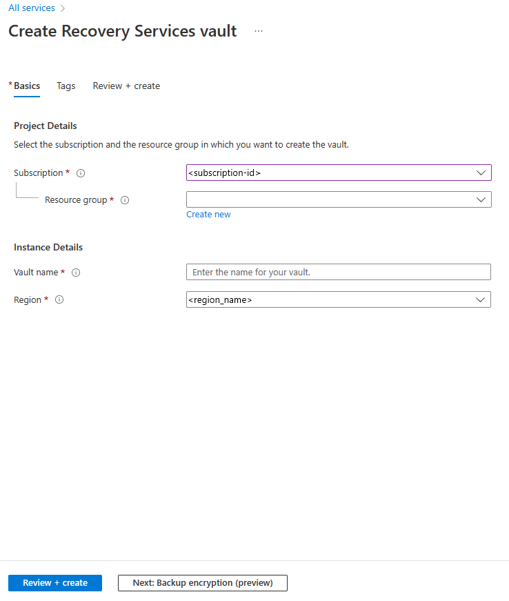 Screenshot of the Recovery Services vault creation options.