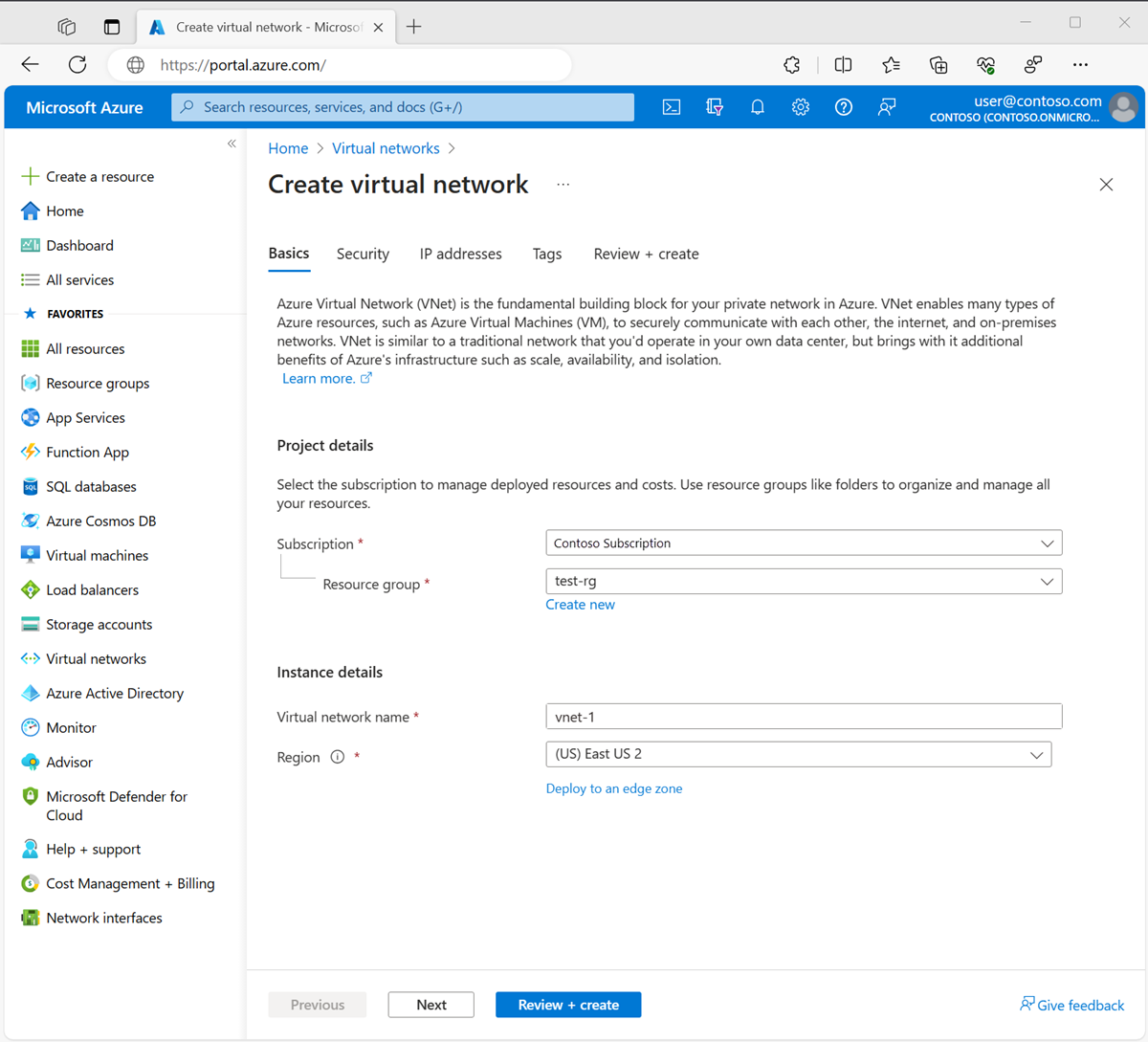 Screenshot of Basics tab of Create virtual network in the Azure portal.