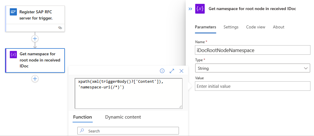 Screenshot shows workflow and action with expression to get the root node namespace from received IDoc.