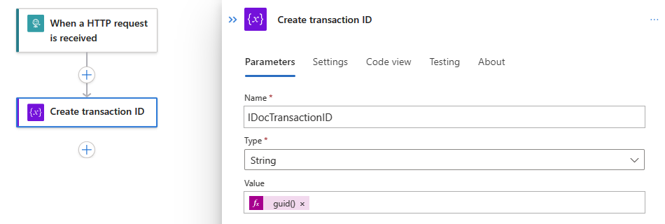 Screenshot shows workflow with the action named Create transaction ID.