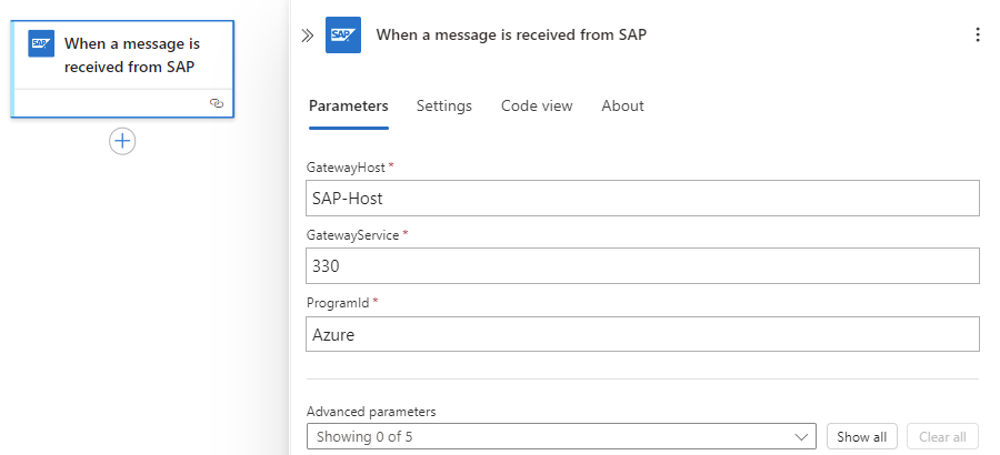 Screenshot shows workflow and a minimally configured SAP managed connector trigger.