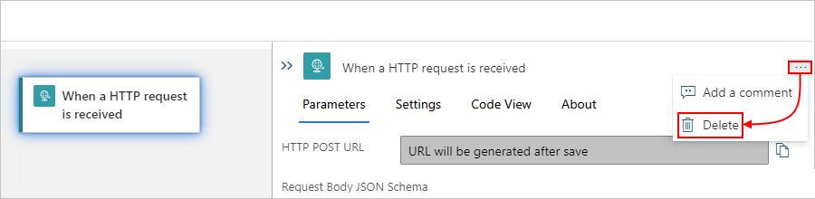 Screenshot that shows a selected item on designer with the opened information pane plus the selected ellipses button and "Delete" command.