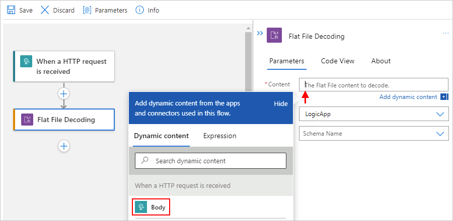 Screenshot showing Standard workflow designer and the "Content" property with dynamic content list and content selected for decoding.