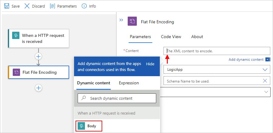 Screenshot showing Standard workflow designer and the "Content" property with dynamic content list and content selected for encoding.