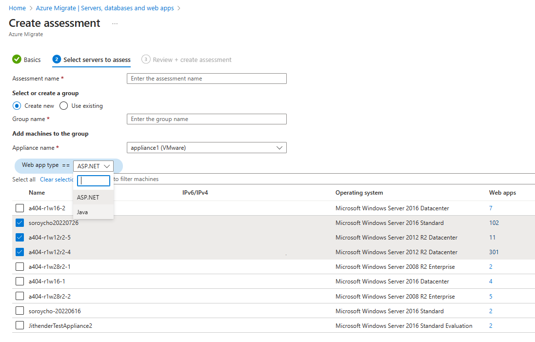 Screenshot of selecting servers containing the web apps to be assessed.