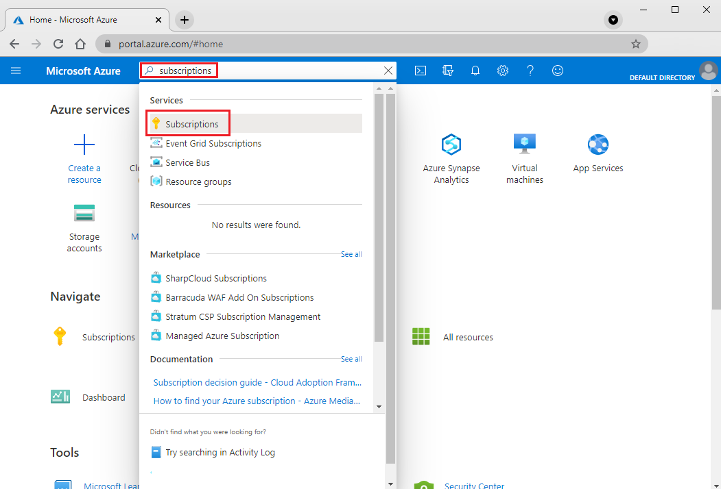 Screenshot of search box to search for the Azure subscription.