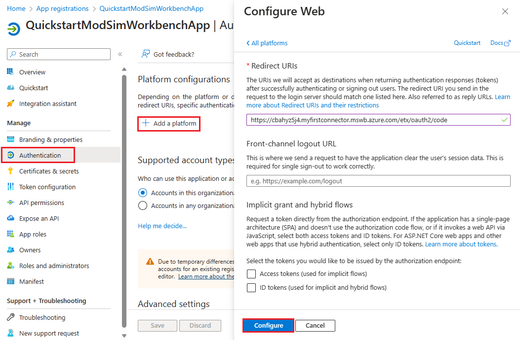 Screenshot of the Microsoft Entra ID app Authentication page showing where you configure web authentication.