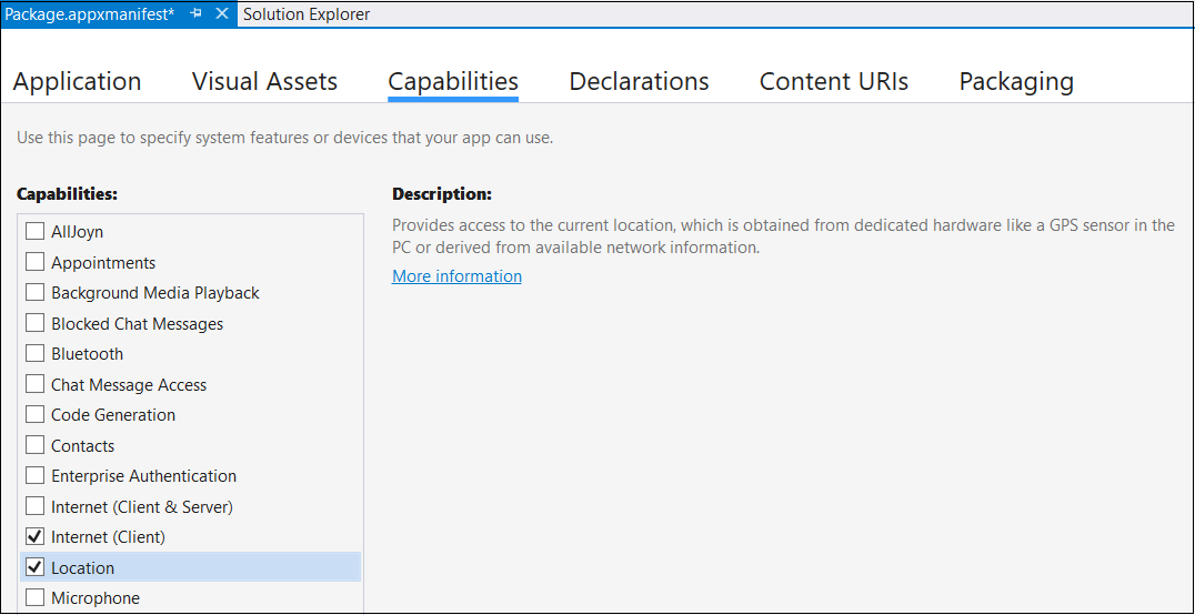 Screenshot of the Package Properties dialog box showing the Capabilities tab with the Location option highlighted.