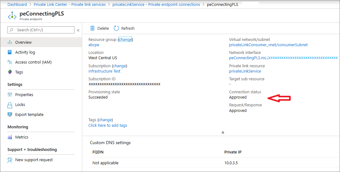 Screenshot of private endpoint connection overview.
