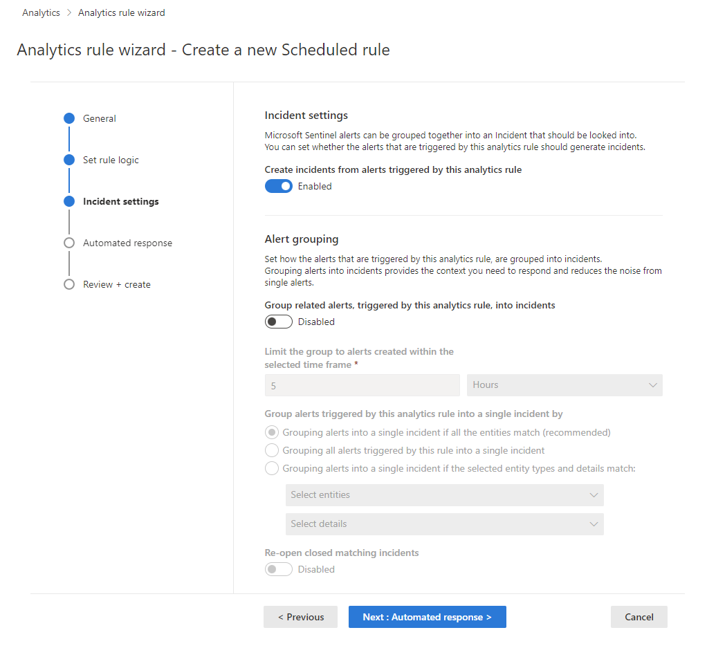 Screenshot of incident settings screen of analytics rule wizard in the Defender portal.