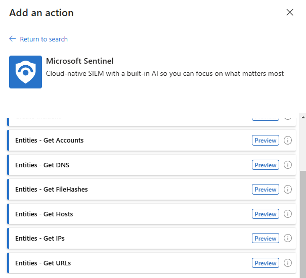 Screenshot of an entities actions list.