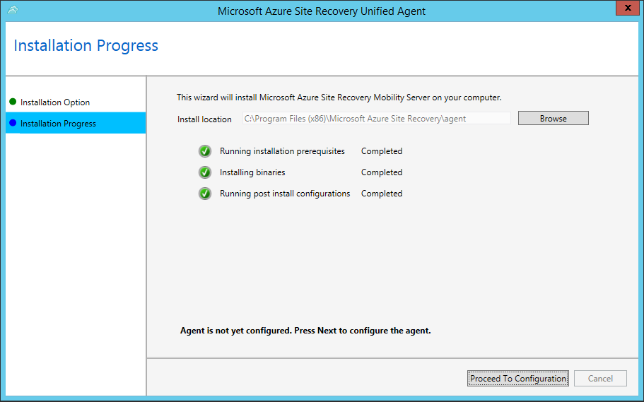 Screenshot that shows the progress of the installation and the active Proceed to Configuration button when the installation is finished.