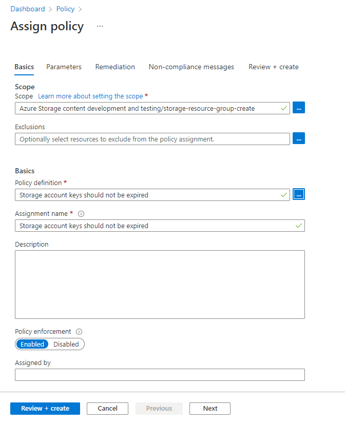 Screenshot showing how to create the policy assignment