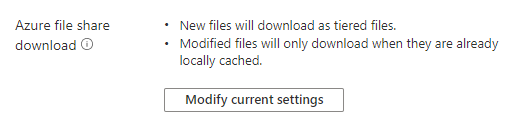 An image showing the Azure file share download behavior for a server endpoint currently in effect and a button to open a menu that allows you to change it.