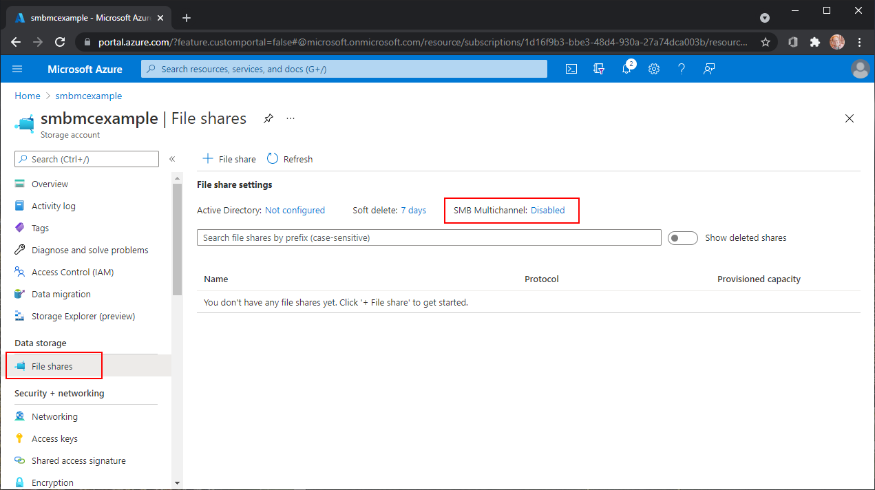 A screenshot of the file shares section with in the storage account highlighting the SMB Multichannel setting