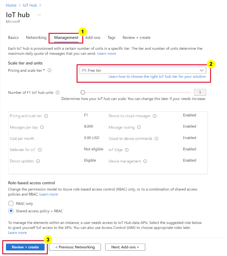 Screenshot showing the IoT Hub management page.