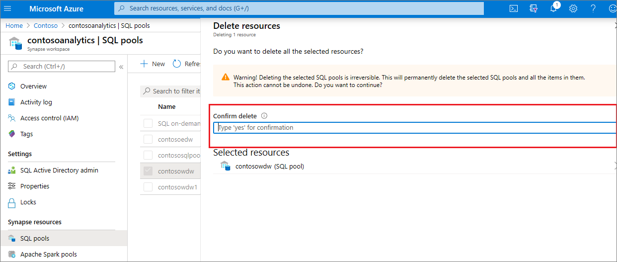 dedicated SQL pool overview - highlighting delete confirmation.