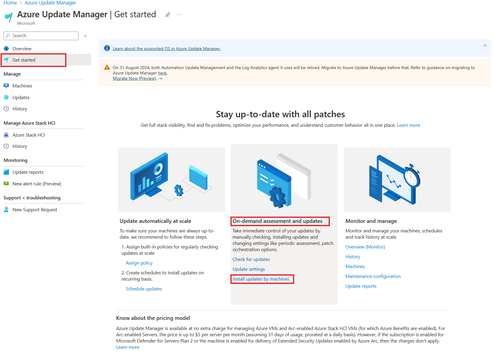 Screenshot that shows how to access the Install update settings option to install the updates for virtual machines.