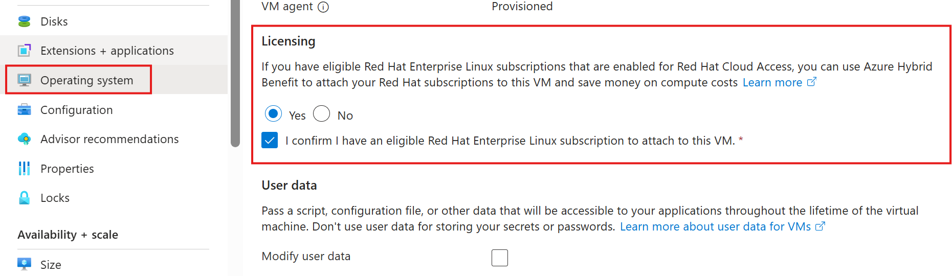 Screenshot of the Azure Hybrid Benefit configuration pane after you create a virtual machine.