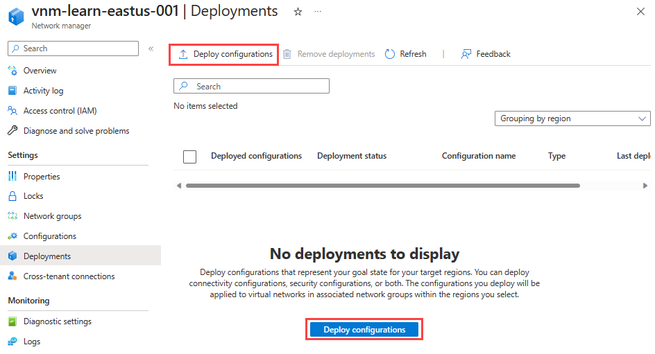 Screenshot of the pane for deployments in Virtual Network Manager.