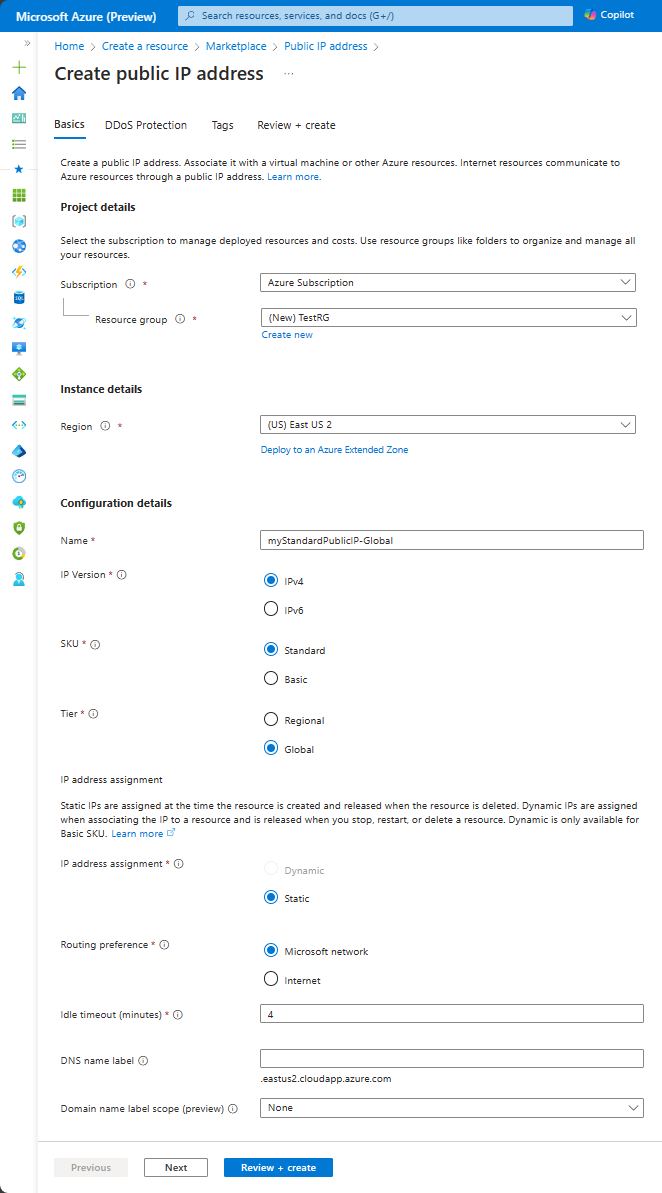 Screenshot that shows the Create public IP address Basics tab for a Standard SKU and global tier setting.