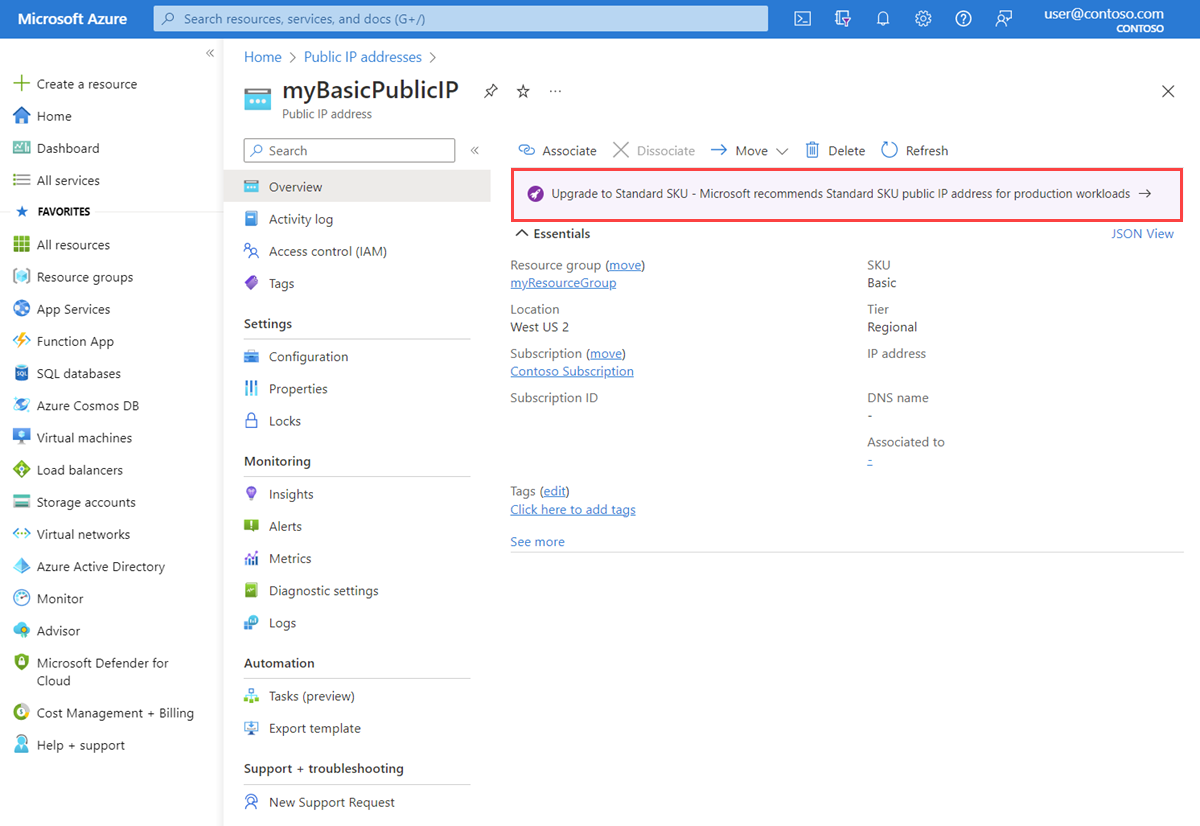 Screenshot showing the upgrade banner in Azure portal used to upgrade basic IP address.