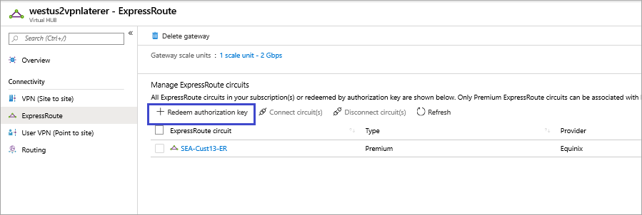 Screenshot shows the ExpressRoute for a virtual hub with Redeem authorization key selected.