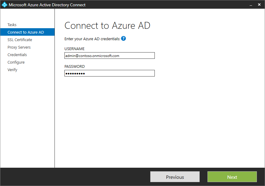 Screenshot that shows the "Connect to Microsoft Entra ID" page with an example username and password entered.