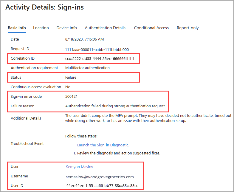 Screenshot of the sign-in details, with several details highlighted.