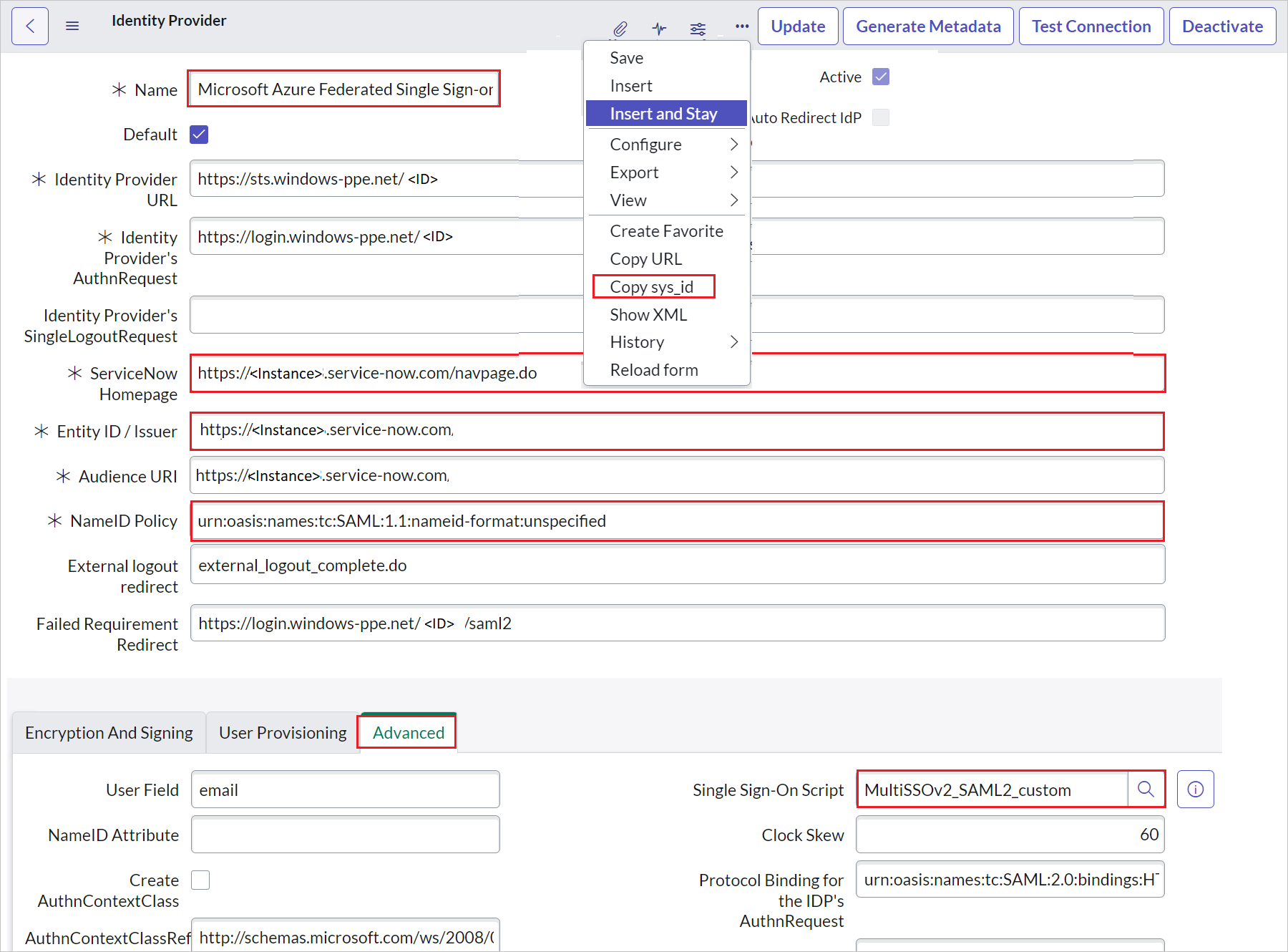 Screenshot of Identity Provider section