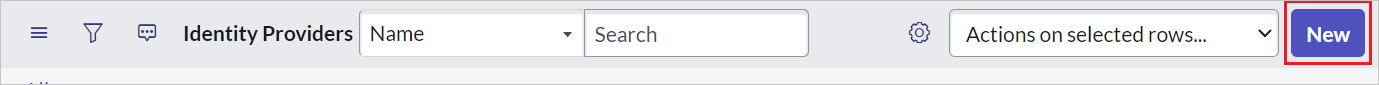 Screenshot of Identity Providers dialog box, with New highlighted