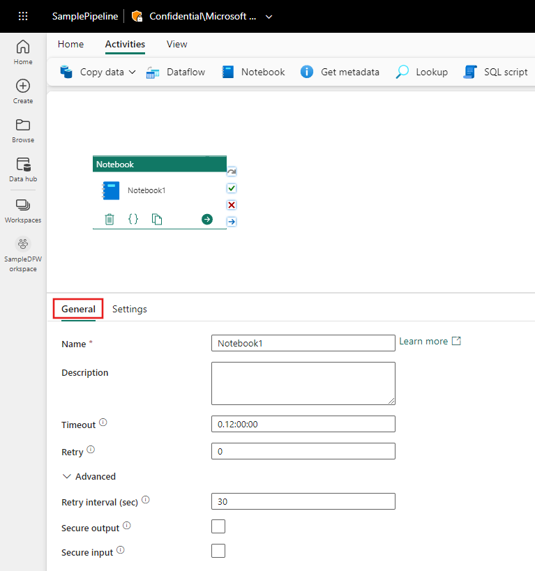 Screenshot showing the General settings tab of the Notebook activity.