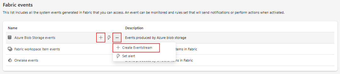 Screenshot that shows the Real-Time hub Fabric events page.