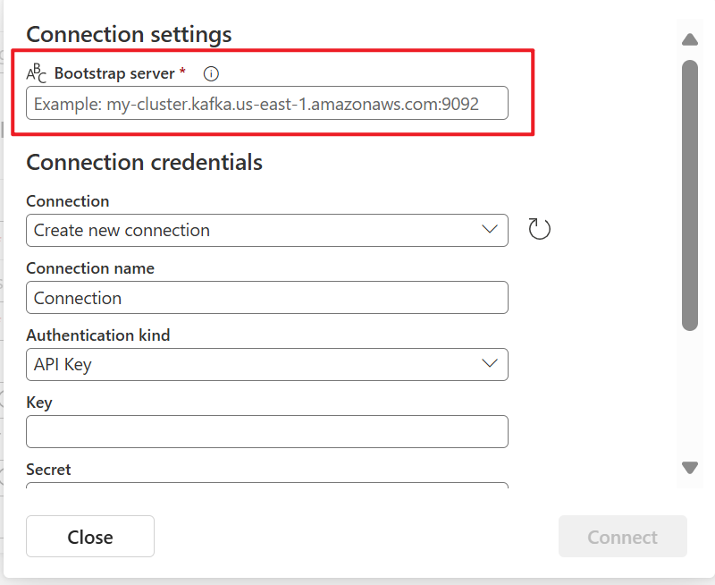 Screenshot that shows the selection of the Bootstrap server field on the Connect page of the Get events wizard.