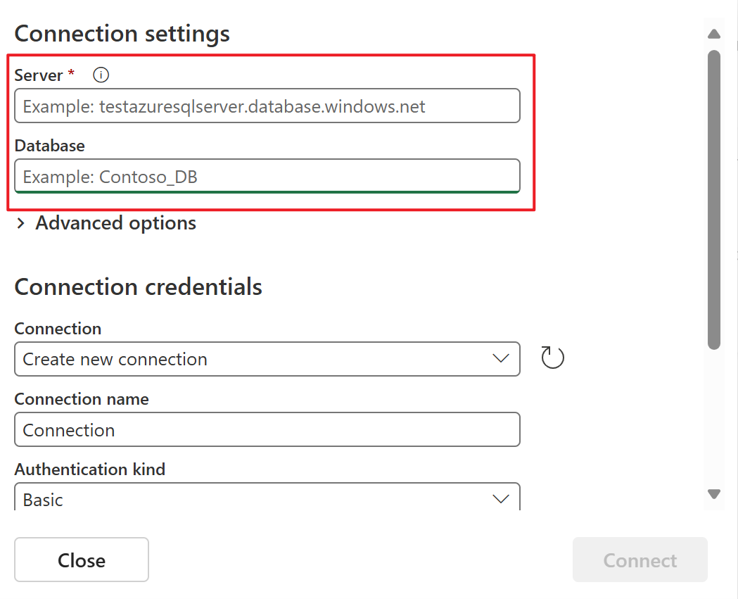 Screenshot that shows the Connection settings section of the Connect page.