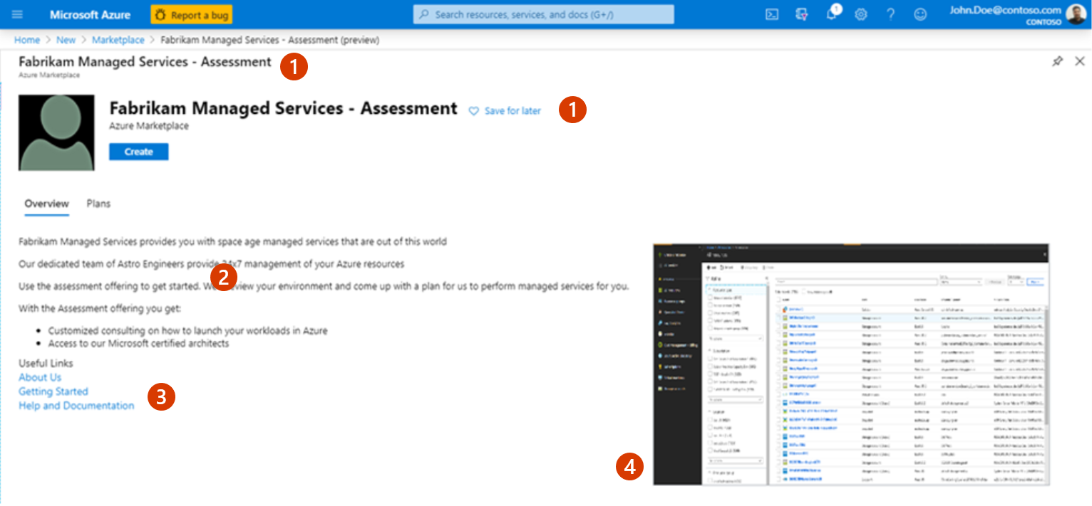 Illustrates an offer listing in the Azure portal.