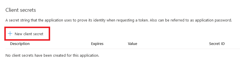 Screenshot showing how to add a new client secret.