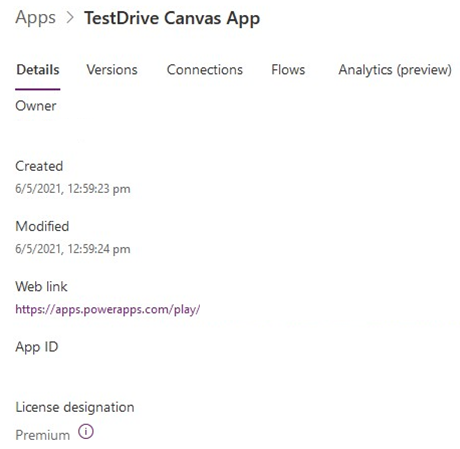 Screenshot that shows the TestDrive Canvas App window.