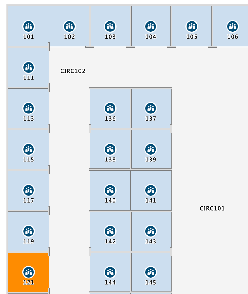 Screenshot of an office map showing room 121 colored orange.