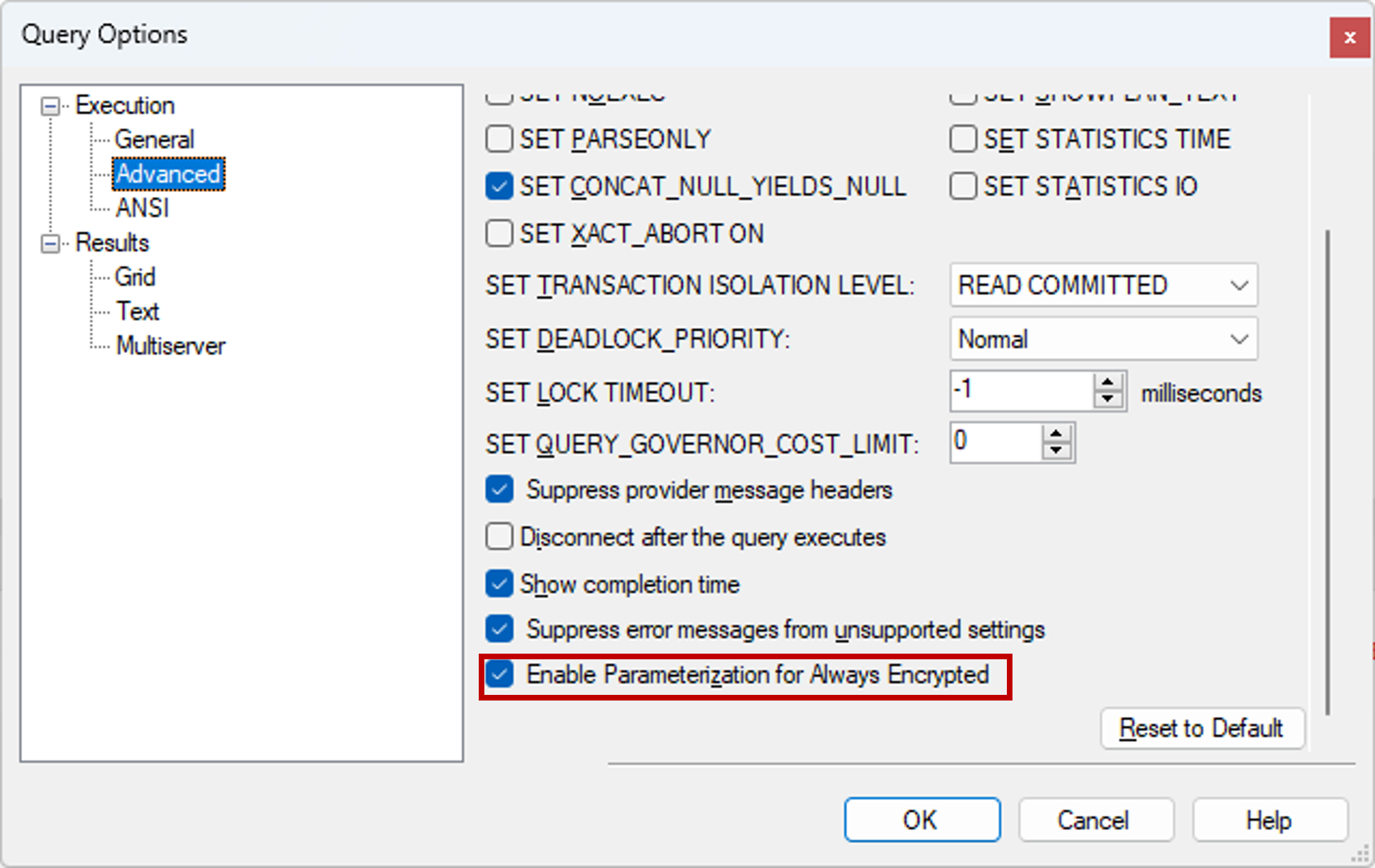 Screenshot enabling parameterization in an existing query window.