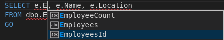 Screenshot of Visual Studio Code, T-SQL IntelliSense.