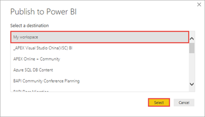 Screenshot showing select workspace to publish dataset and report to.