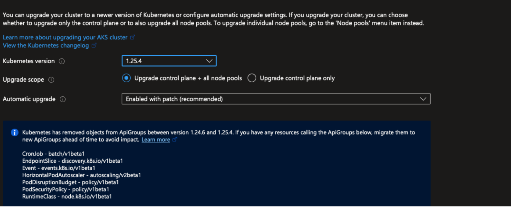 The screenshot of the upgrade blade for an AKS cluster in the Azure portal. The automatic upgrade field shows 'patch' selected, and several APIs deprecated between the selected Kubernetes version and the cluster's current version are described.