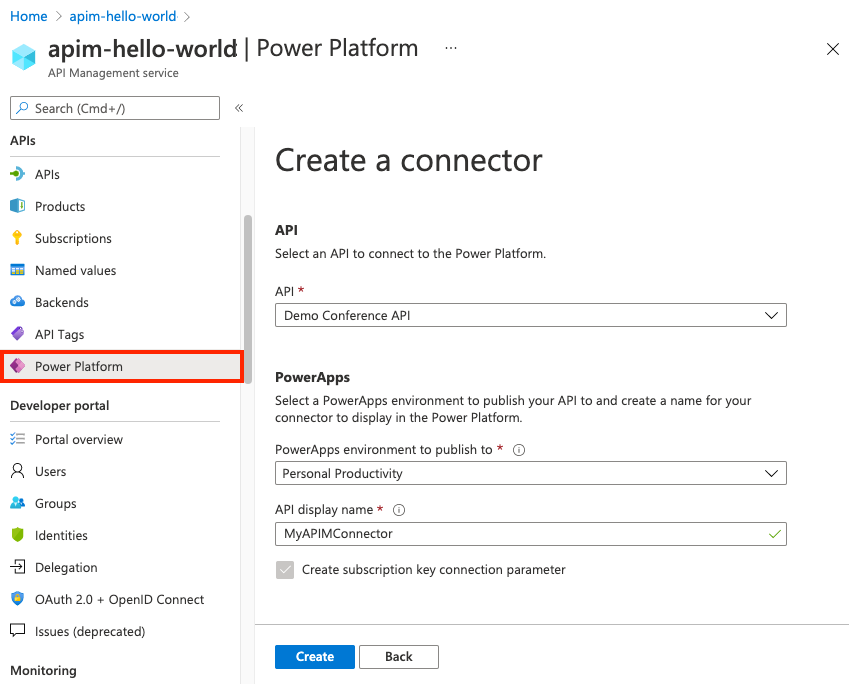 Create custom connector to API in API Management