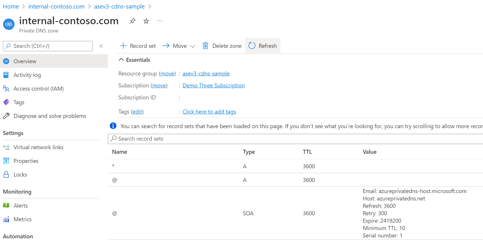 Screenshot of a sample DNS configuration for your custom domain suffix.