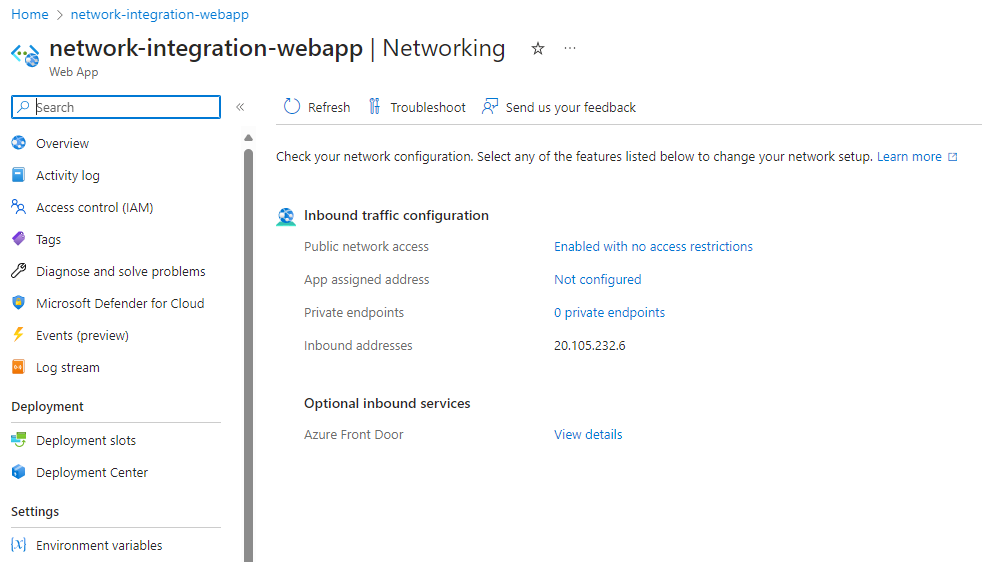 Screenshot of the App Service networking options page in the Azure portal.