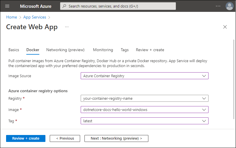 Screenshot showing the Azure Container Registry options.