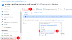 A screenshot showing how to navigate to the deployment center in App Service and select Local Git as the deployment method.